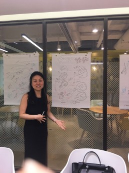 Woman entrepreneur presenting her stakeholder map, drawn using design thinking
